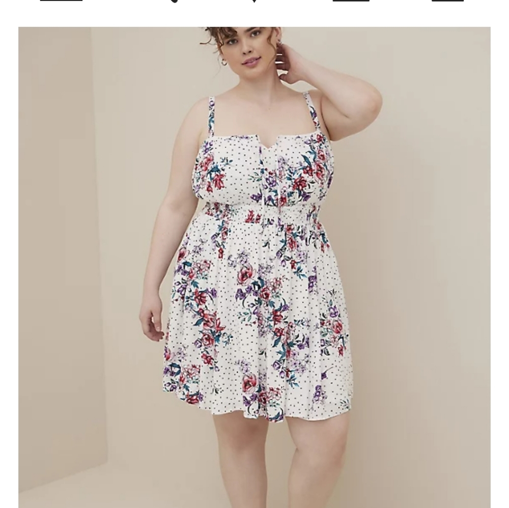 Torrid Tie Front Smocked Waist White Floral Gauze Full Skirted Mini Dress - Picture 2 of 7